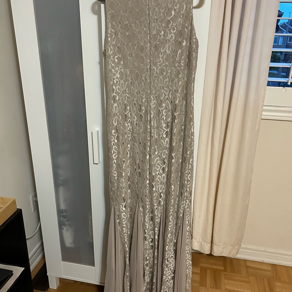 R & M Richards Elegant Lace Wedding Dress in Taupe